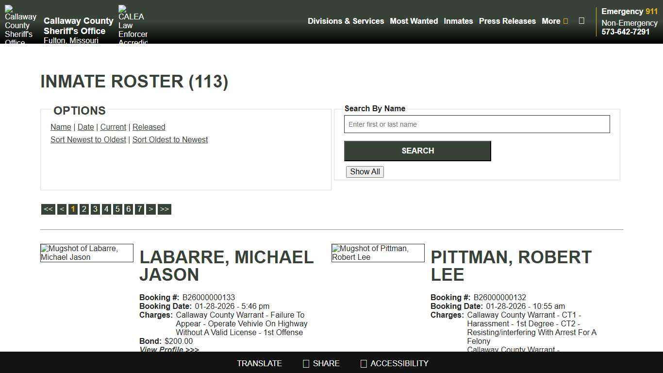 Inmate Roster - Current Inmates Booking Date Descending - Callaway County Sheriff's Office, Missouri